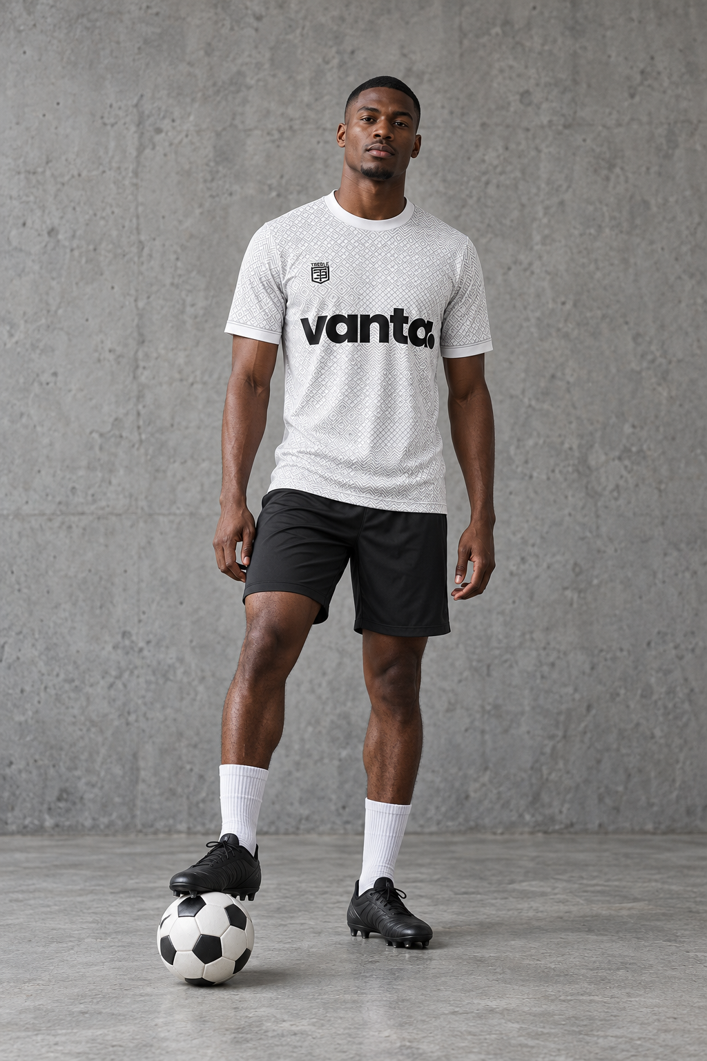 Arctic Diamond jersey styled for soccer with black shorts and a football