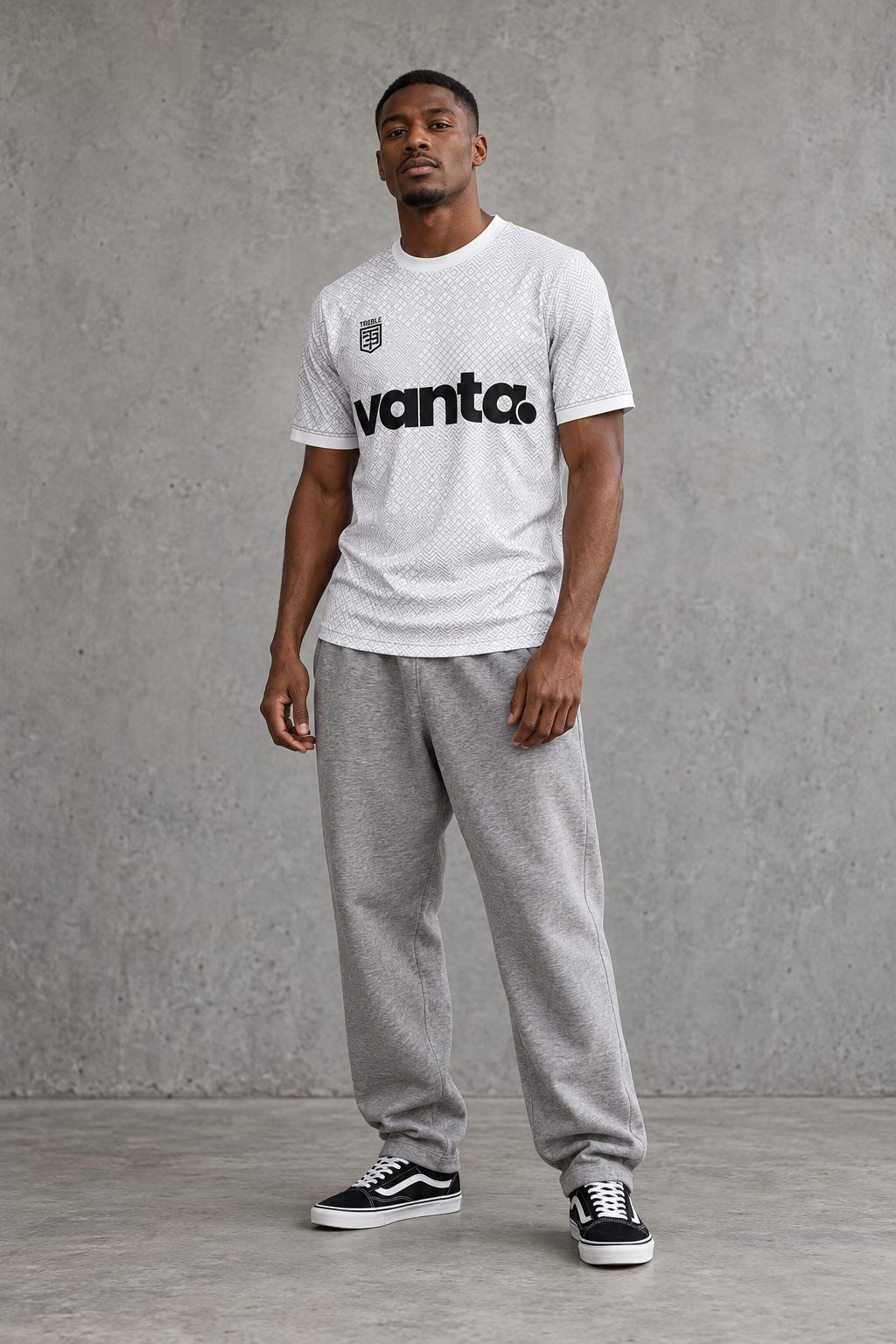 Arctic Diamond jersey styled for everyday wear with gray sweatpants and black Vans