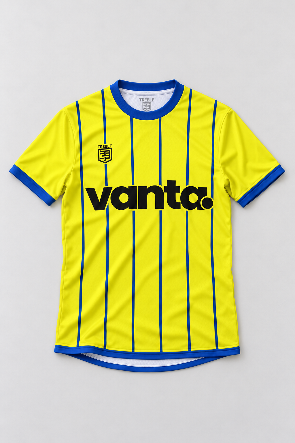 Vanta x Treble Royal Stripe Jersey, front flat lay in Royal Check portrait framing