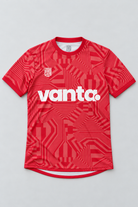 Vanta x Treble Circuit Red Jersey, front flat lay in Royal Check portrait framing