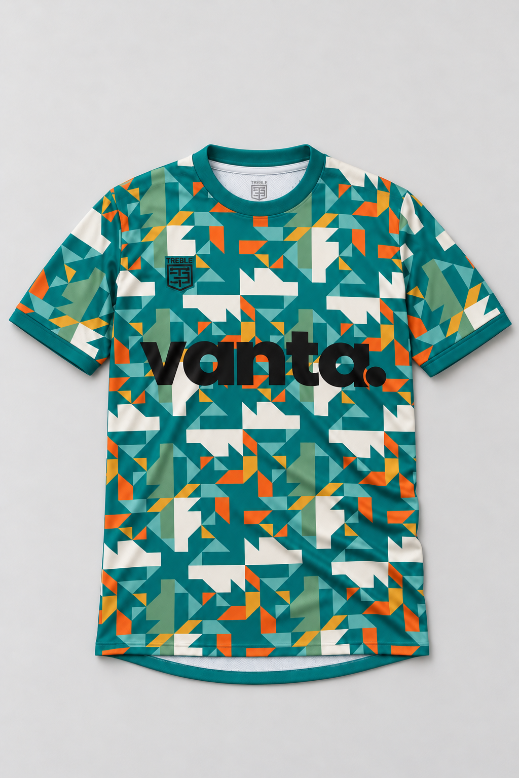 Vanta x Treble – Coastal Geo Jersey, front flat lay in Royal Check portrait framing